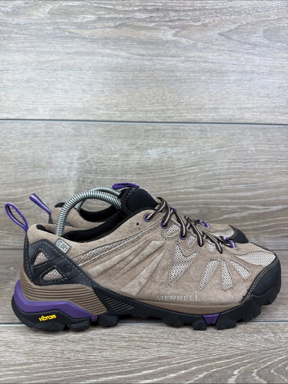 Merrell Capra Women’s Sz 10 Taupe Black Purple Low Lace Up Vibram Hiking Shoes